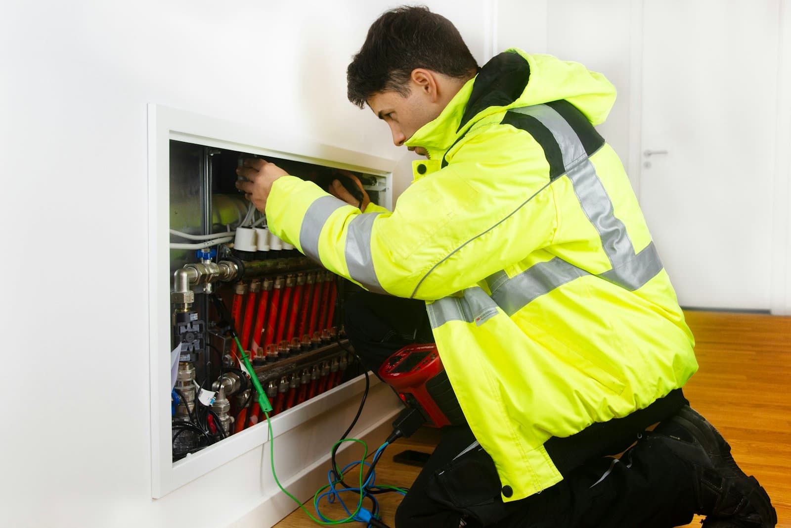 A technician in a hi-vis jacket working at an open wall panel
