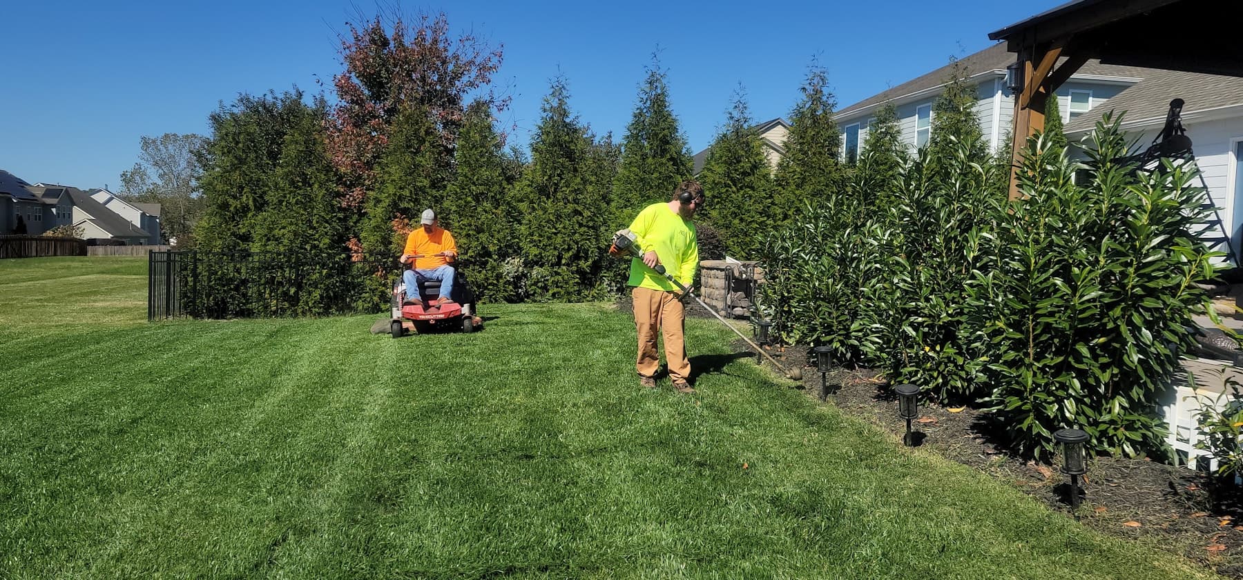 A lawn care crew mowing and trimming a yard